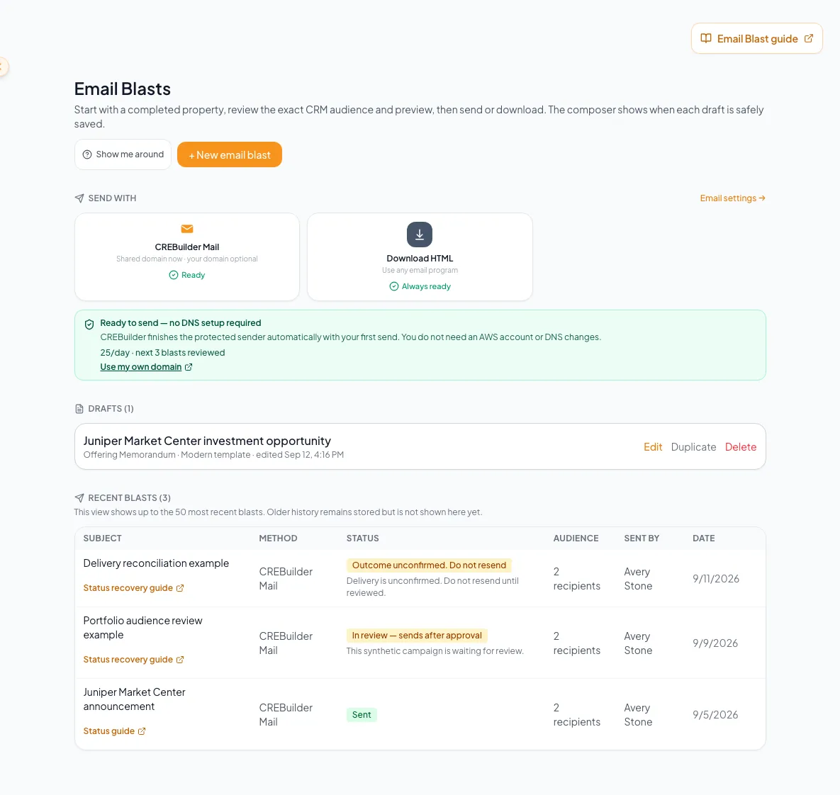 Email Blasts hub with sending methods, Drafts, Recent blasts, and New email blast.