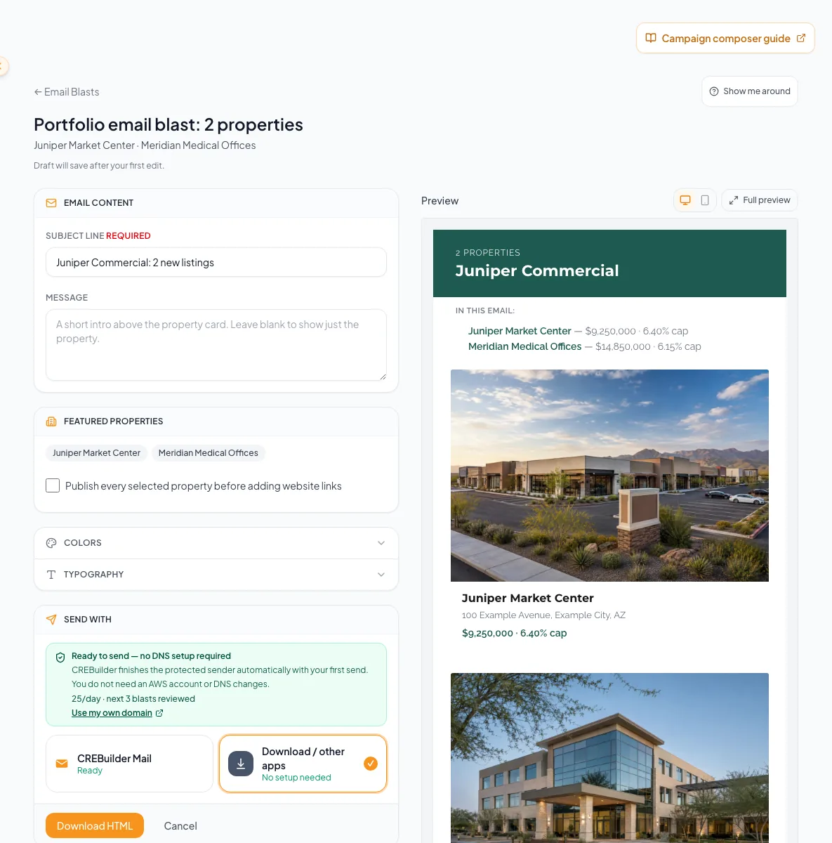 Multi-property Email Blast composer with portfolio-specific content controls.