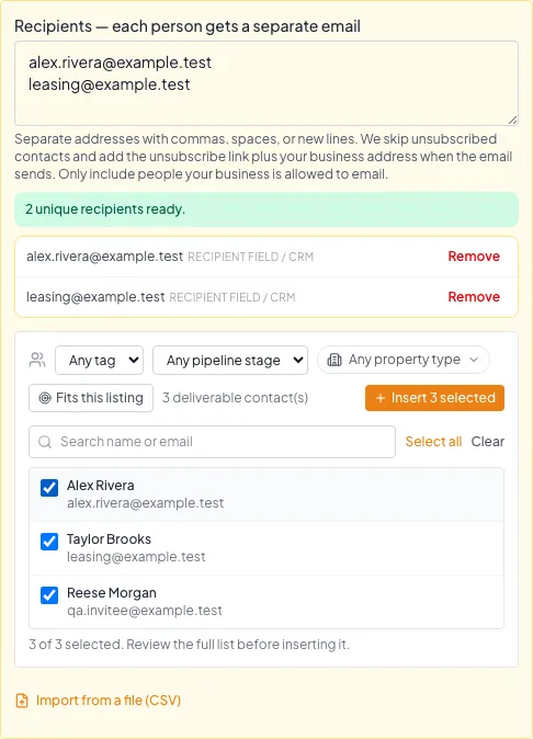 Email Blast composer showing the controls used to add and review campaign recipients.