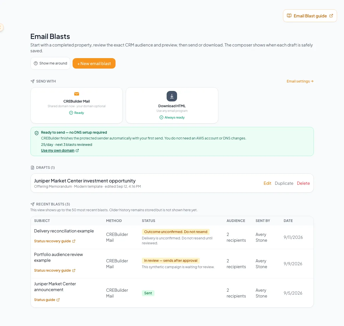 Email Blasts hub showing Drafts and the available Recent blasts status history.