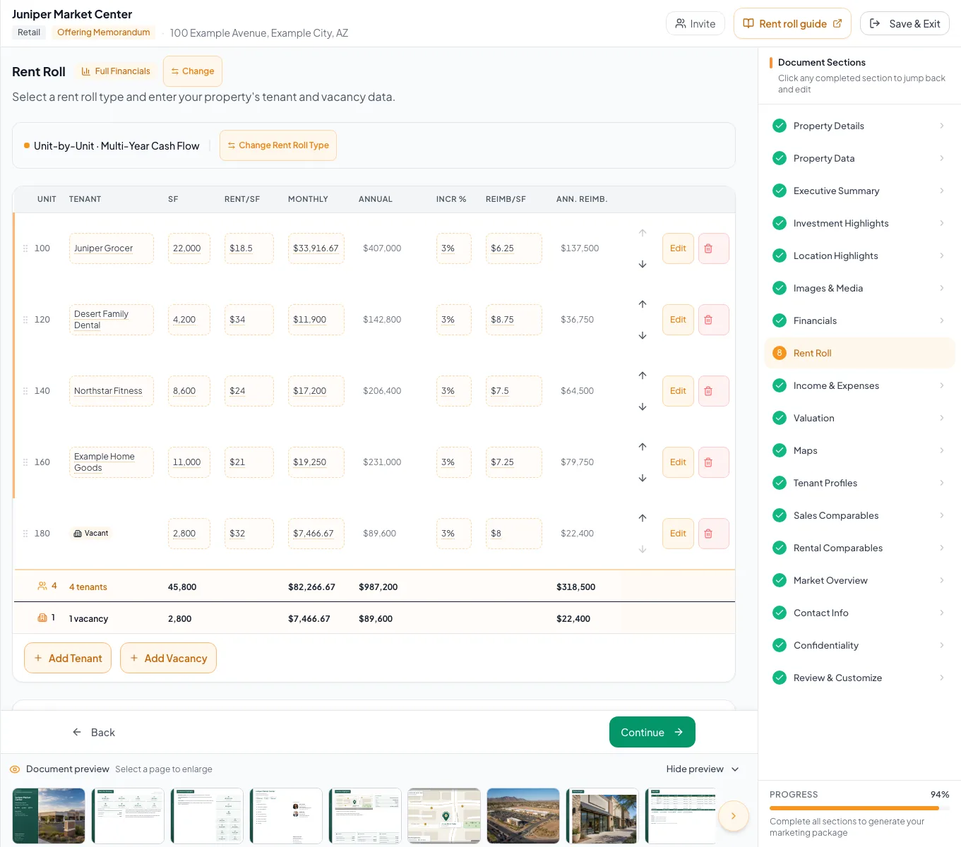 Commercial Rent Roll workspace with tenant rows ready for lease data entry.