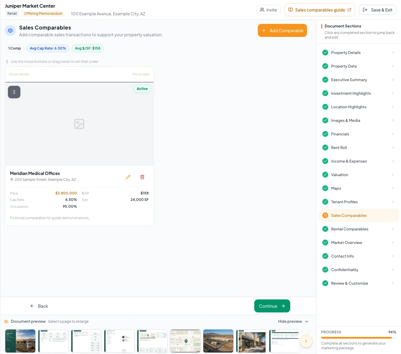 Sales Comparables workspace with comparable property records ready for review.