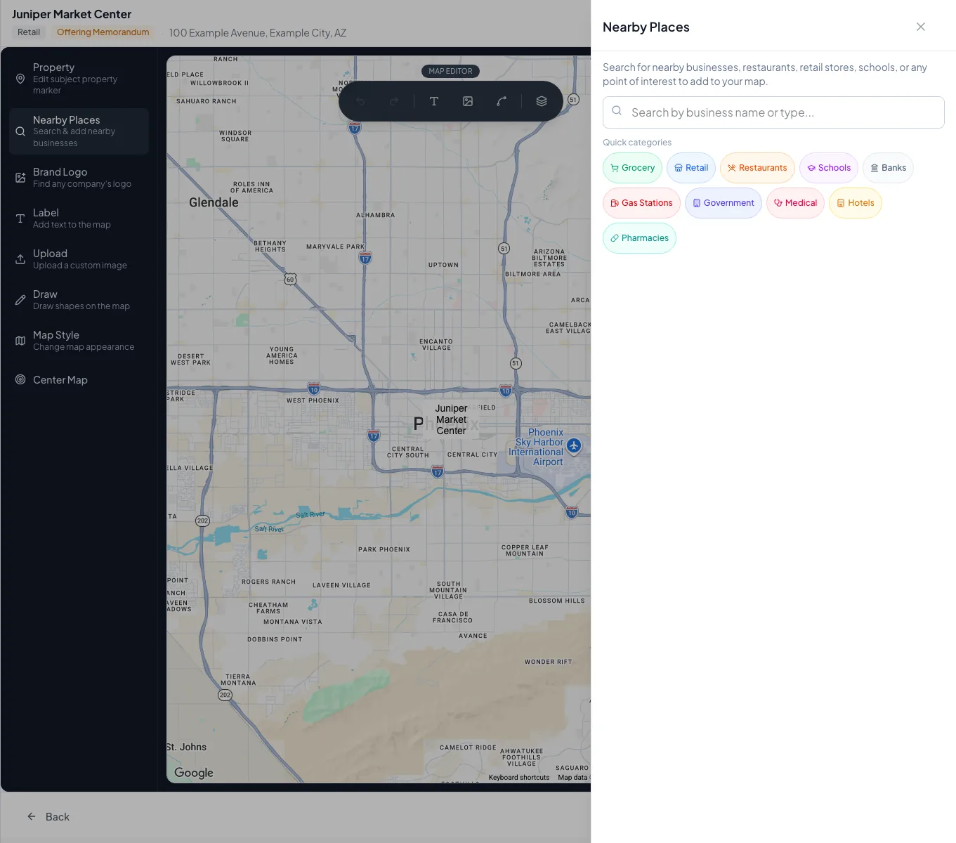 Maps editor prepared for nearby businesses and demand-generator selections.