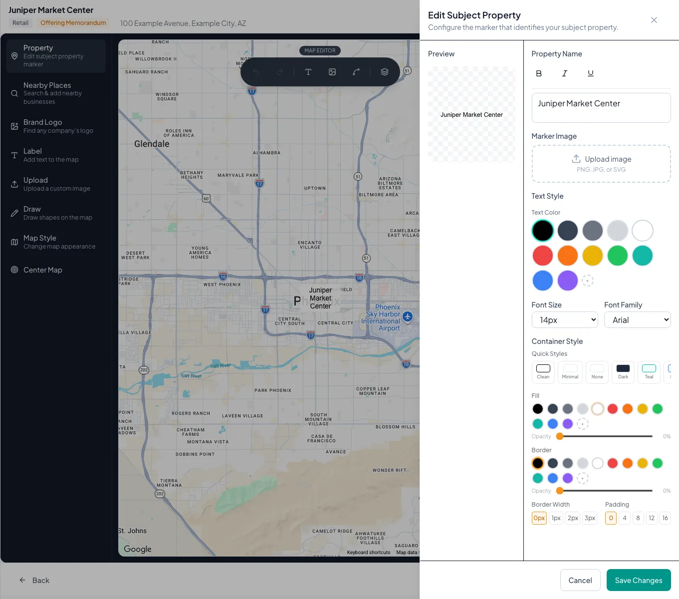 Maps editor opened for a document with the subject property location in context.