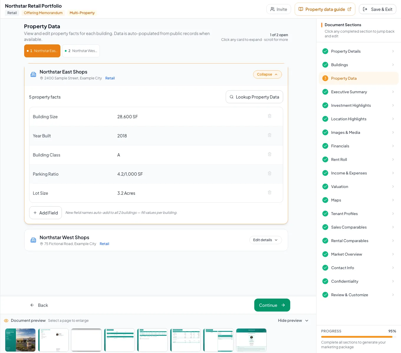 Property Data editor for a multi-building document with building-specific facts in context.