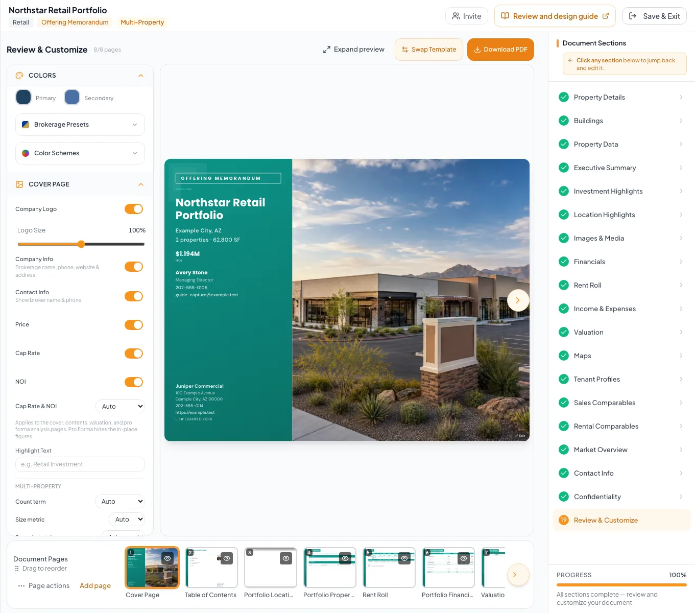 Review and Customize workspace displaying the page structure of a portfolio document.