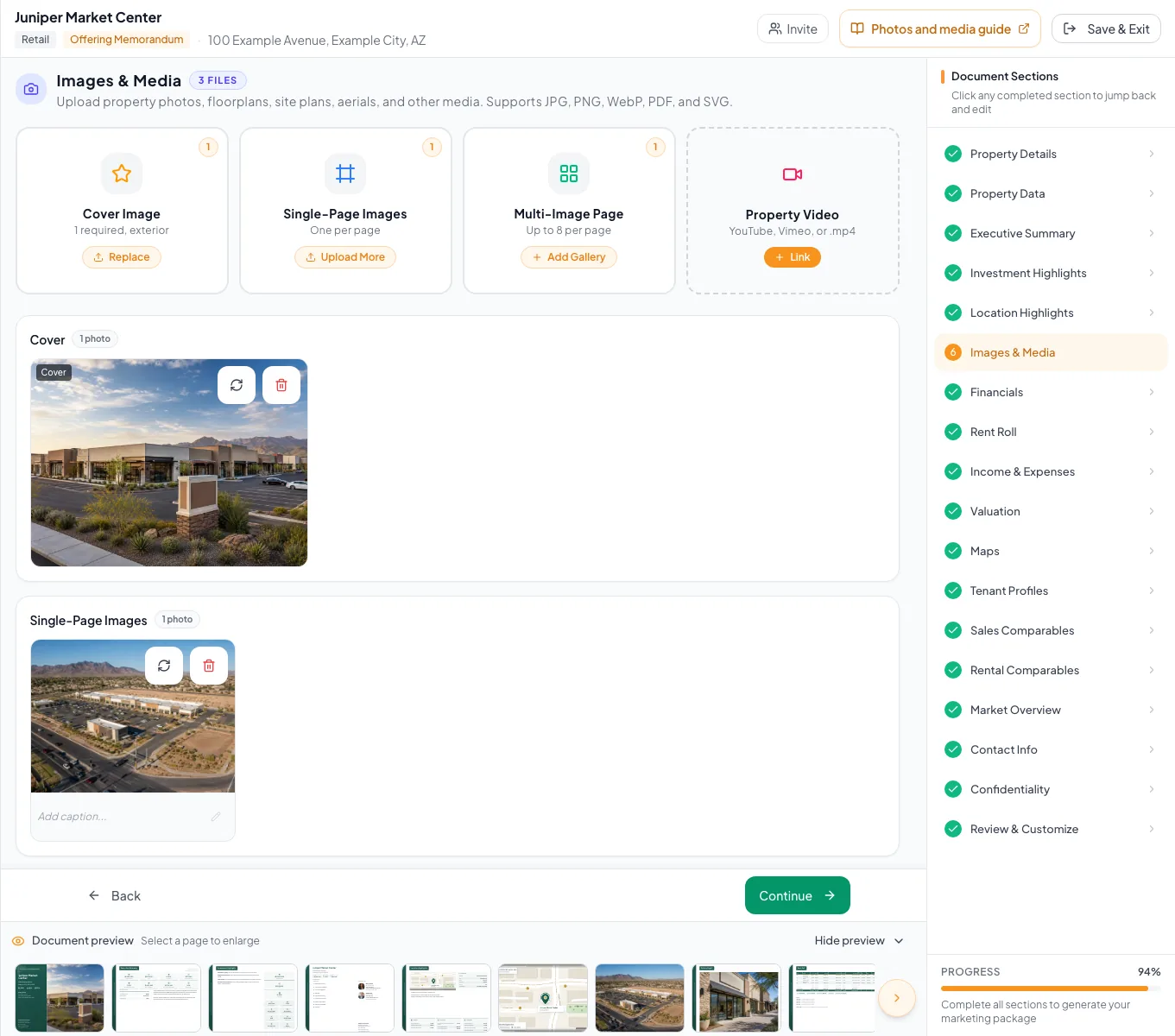 Images and Media workspace with image editing and replacement actions available.