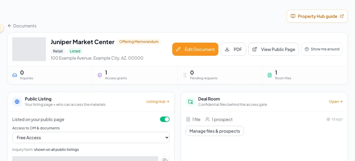 Property Hub workspace with Public Listing, Deal Room, and Outreach actions visible.