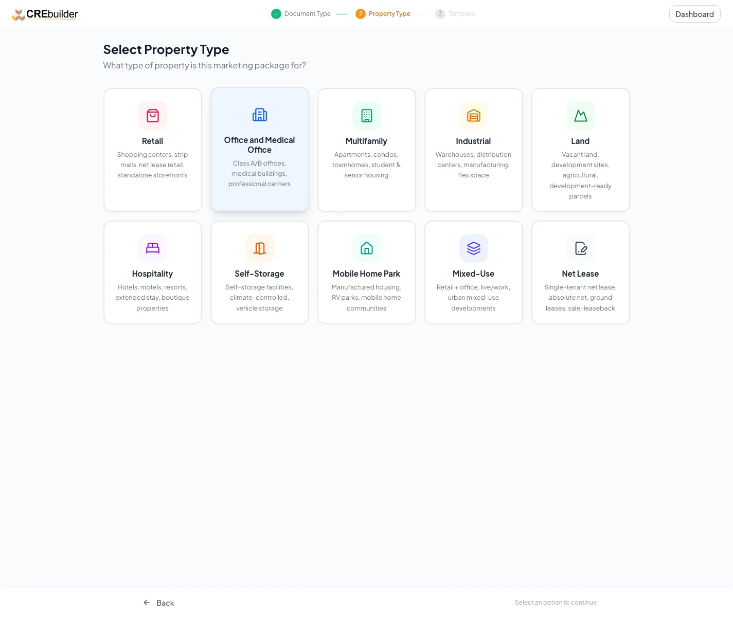Marketing package setup screen where the property type selection controls later fields.