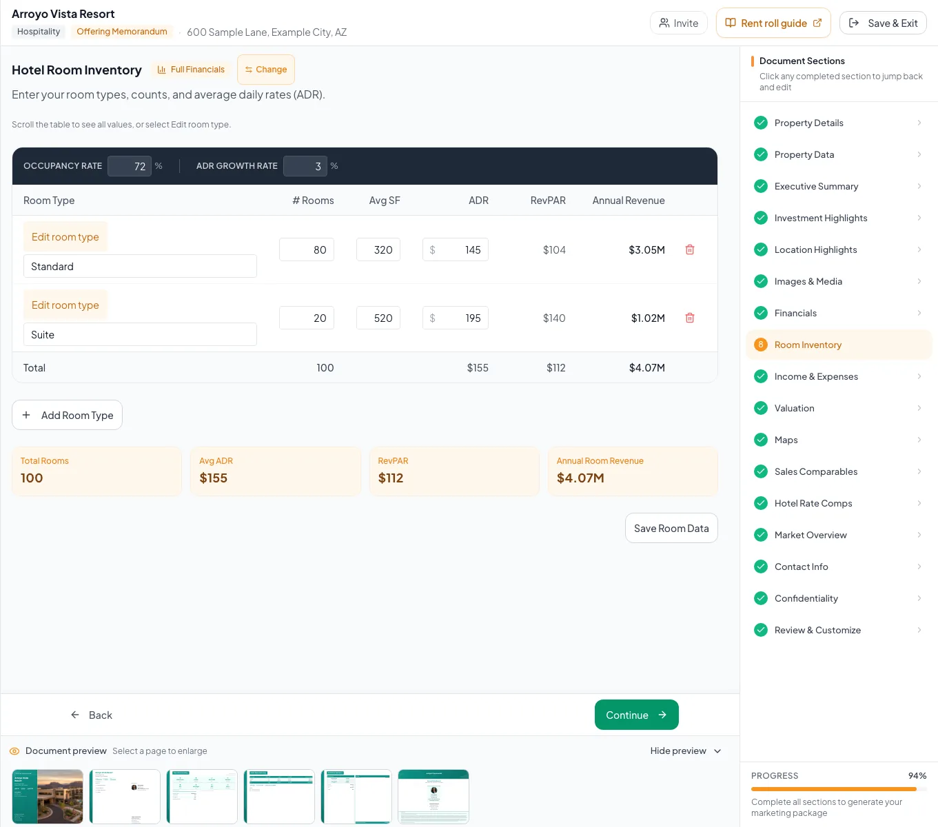Populated hospitality editor showing the property-specific fields used in this example.