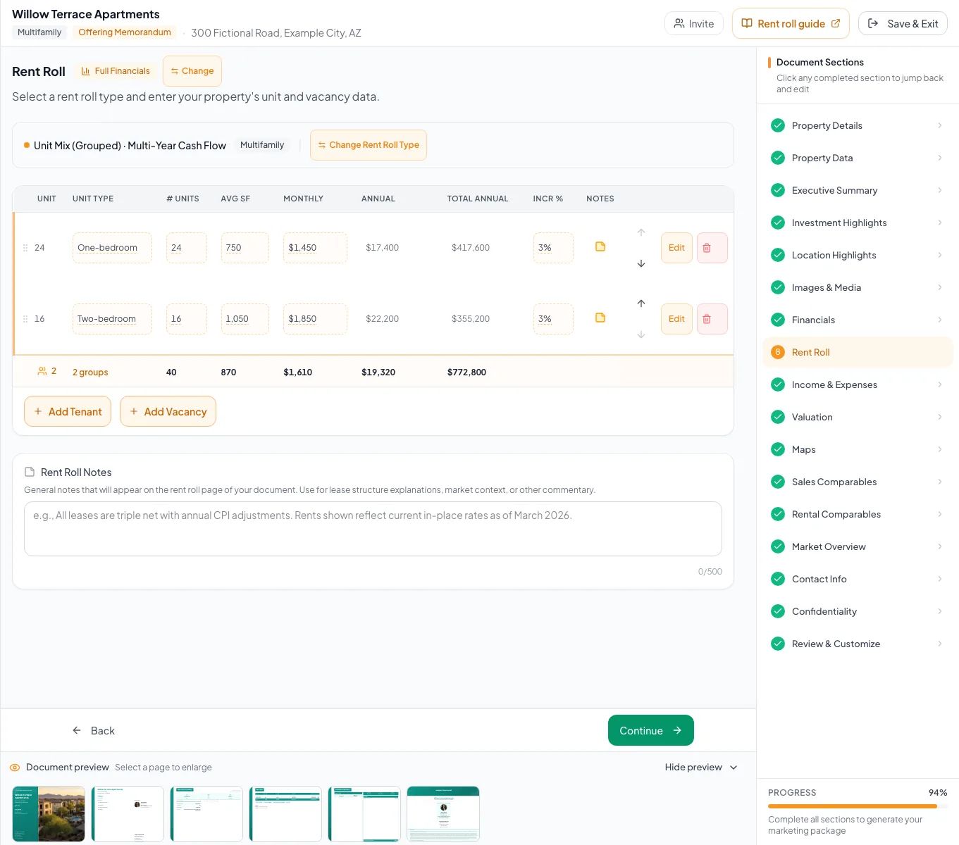 Populated multifamily editor showing the property-specific fields used in this example.