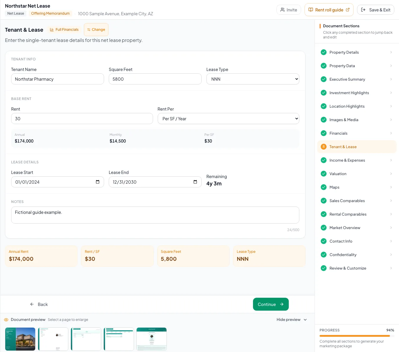 Populated net lease editor showing the property-specific fields used in this example.