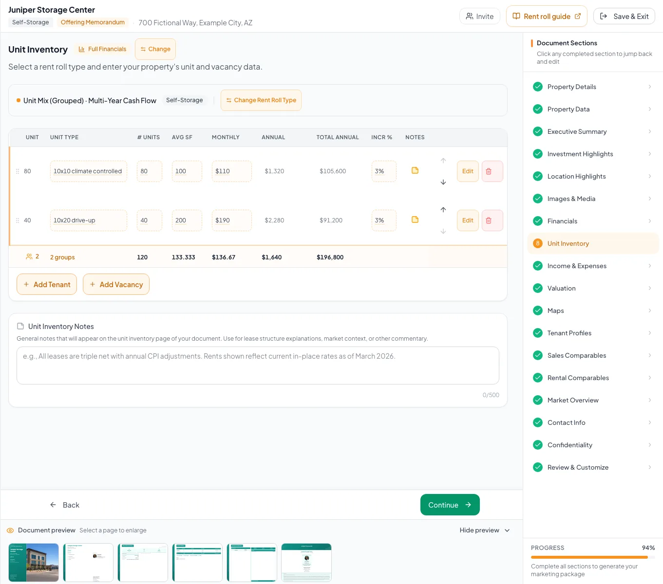 Populated self storage editor showing the property-specific fields used in this example.