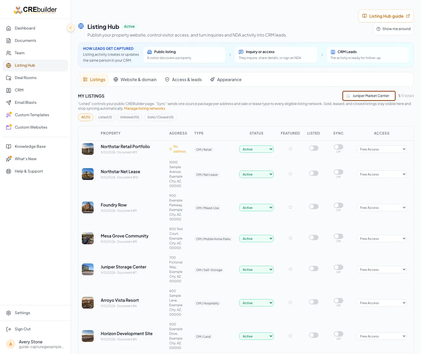 Listing Hub Access and leads area used to configure visitor access and lead capture.