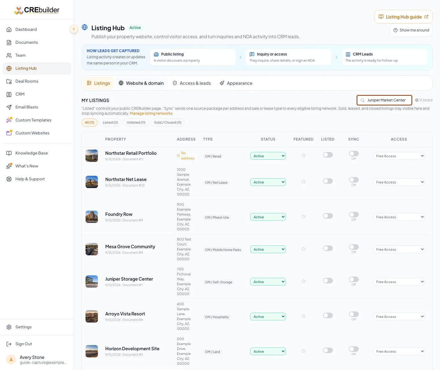 Listing Hub with Listings, Website and domain, Access and leads, and Appearance navigation.