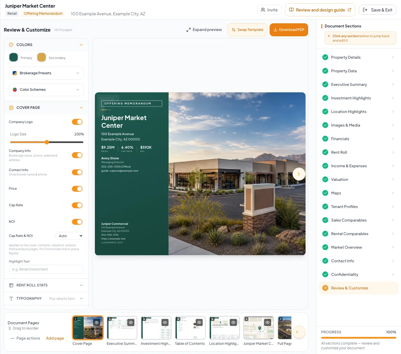 Review and Customize workspace showing the document preview and design controls.