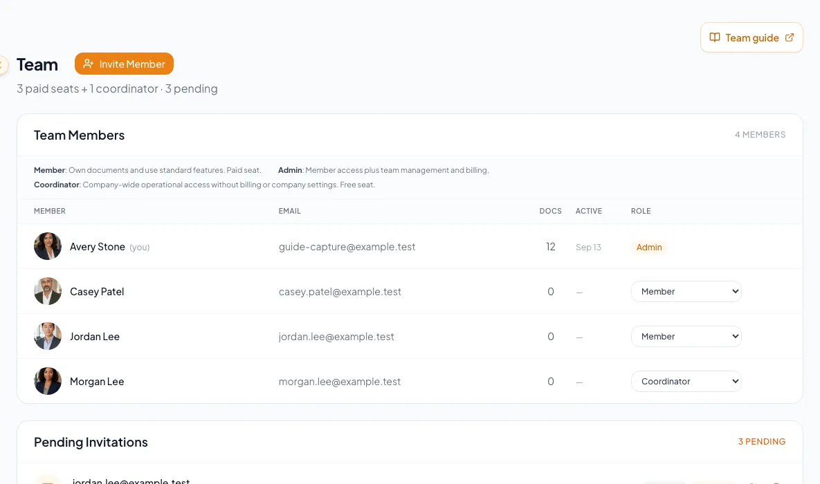 Team settings page used to understand collaboration roles and record reassignment.