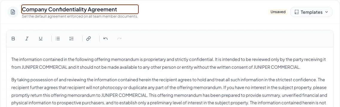 Team page positioned at the Company Confidentiality Agreement section.
