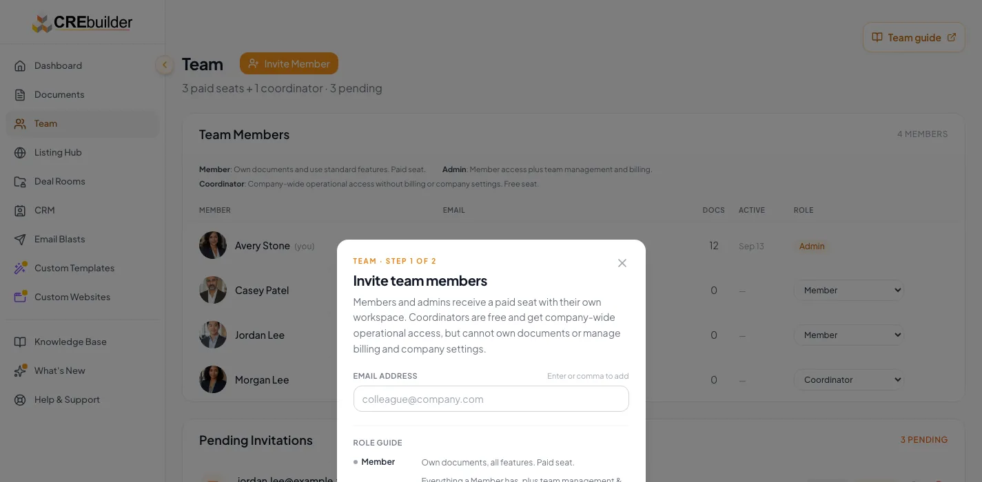 Team settings page showing member, role, seat, and invitation controls.
