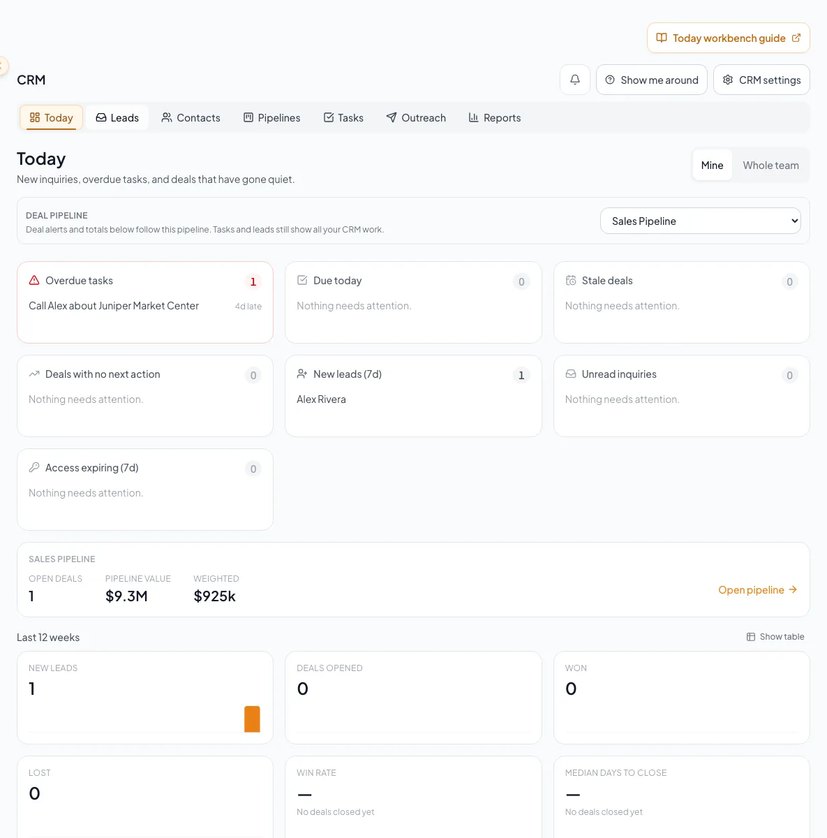 Orient users to Today and the customer-facing CRM work areas.