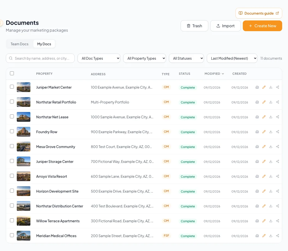 Show where a successfully created document appears and which action continues work.