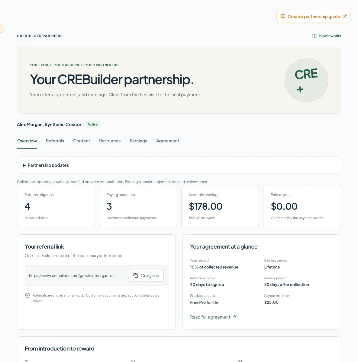 Find your referral link and read the agreement assigned to your partnership.
