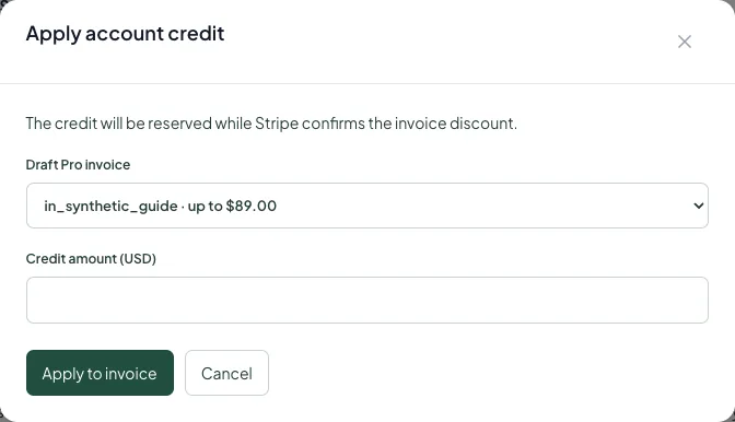 Choose an available draft Pro invoice before applying account credit.