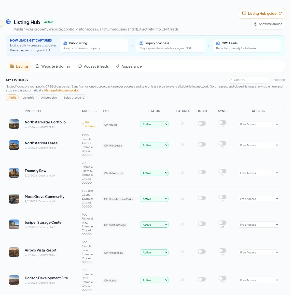 Orient users to listing status, syndication, website, access, and appearance controls.