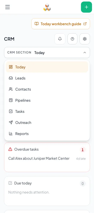 Show the mobile CRM section disclosure and direct links that replace desktop area navigation.