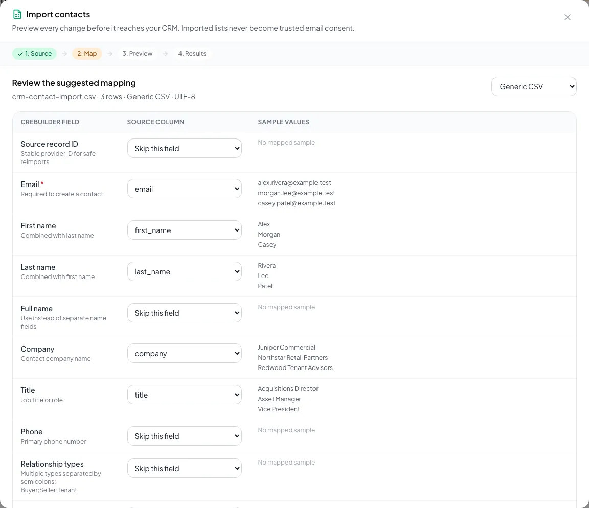Show the source-to-CRM field mapping decision before validation.