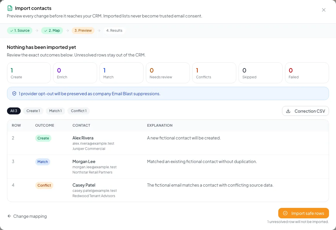 Show quarantined or conflicting rows and the correction-file action.