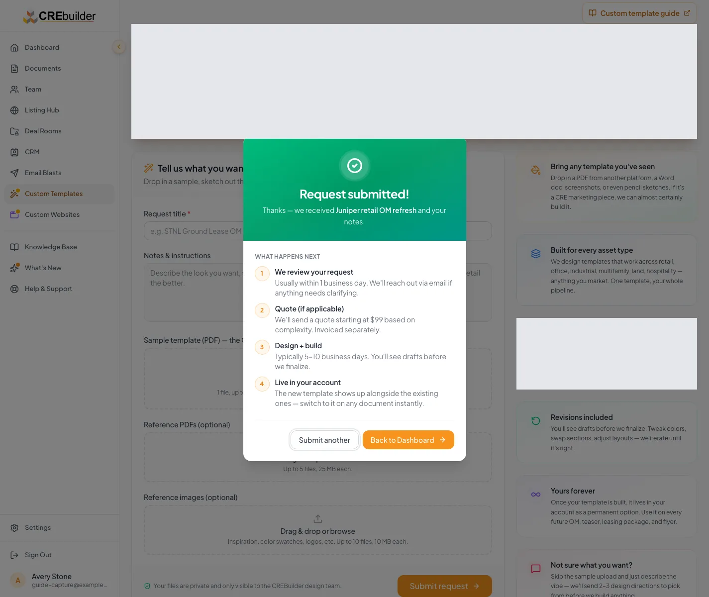 Show successful submission after the request input is corrected.