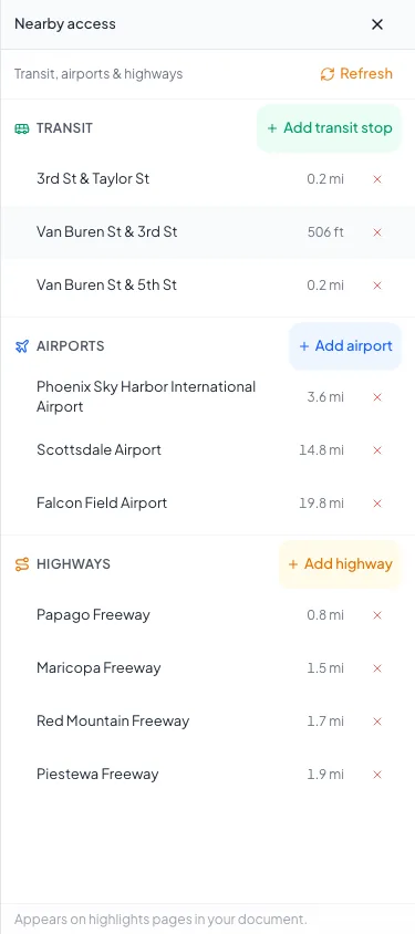 Show transit, airports and highways in the full-height Nearby access helper drawer on a phone.