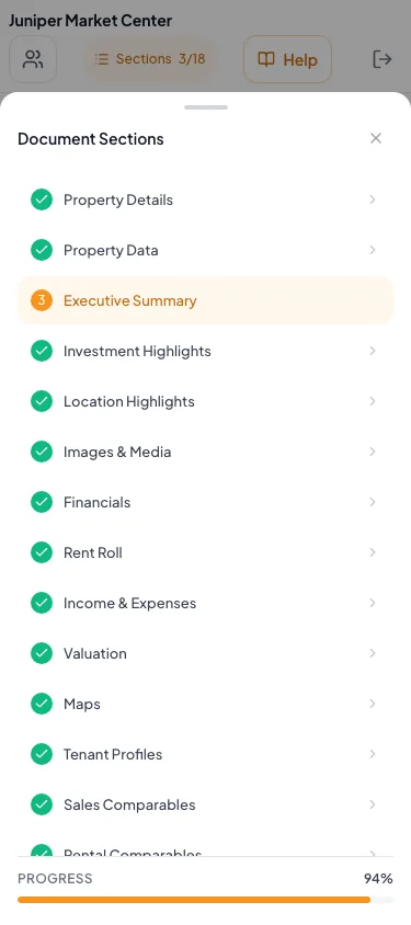 Show the Sections drawer with the active step and unchanged section navigation rules.