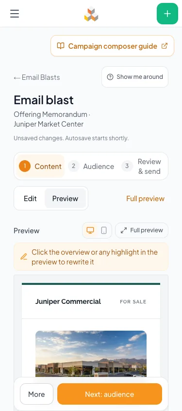 On a phone, switch between Edit and Preview to inspect the email while keeping your draft.