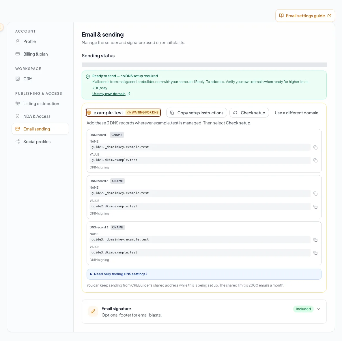 Show the shared versus custom sending-domain decision and current verification state.
