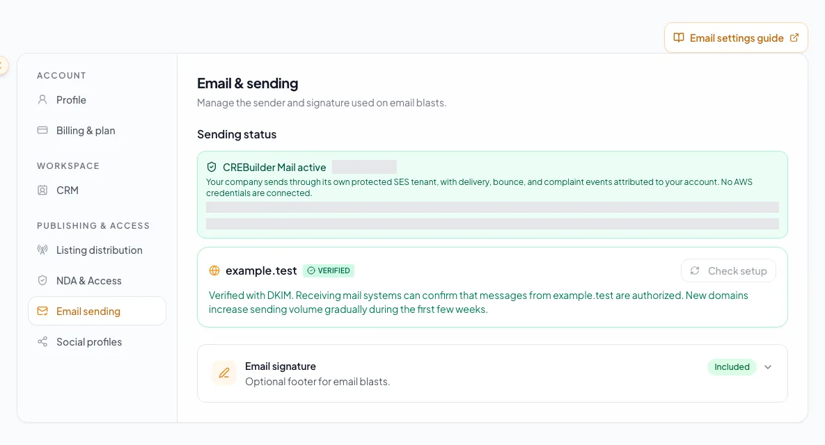 Orient users to access, agreement, sending method, signature, and domain readiness.