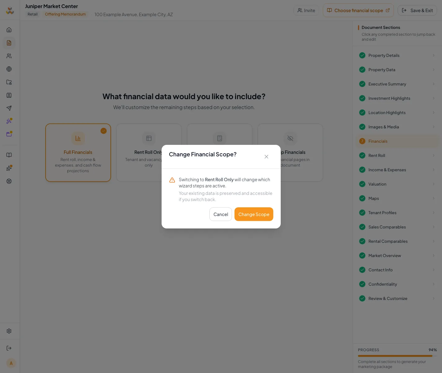 Show the exact control that selects a financial mode and its immediate consequences.