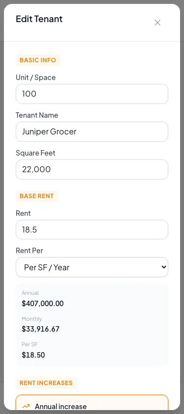 Show the full-width tenant detail sheet used to edit a dense financial record on phones.