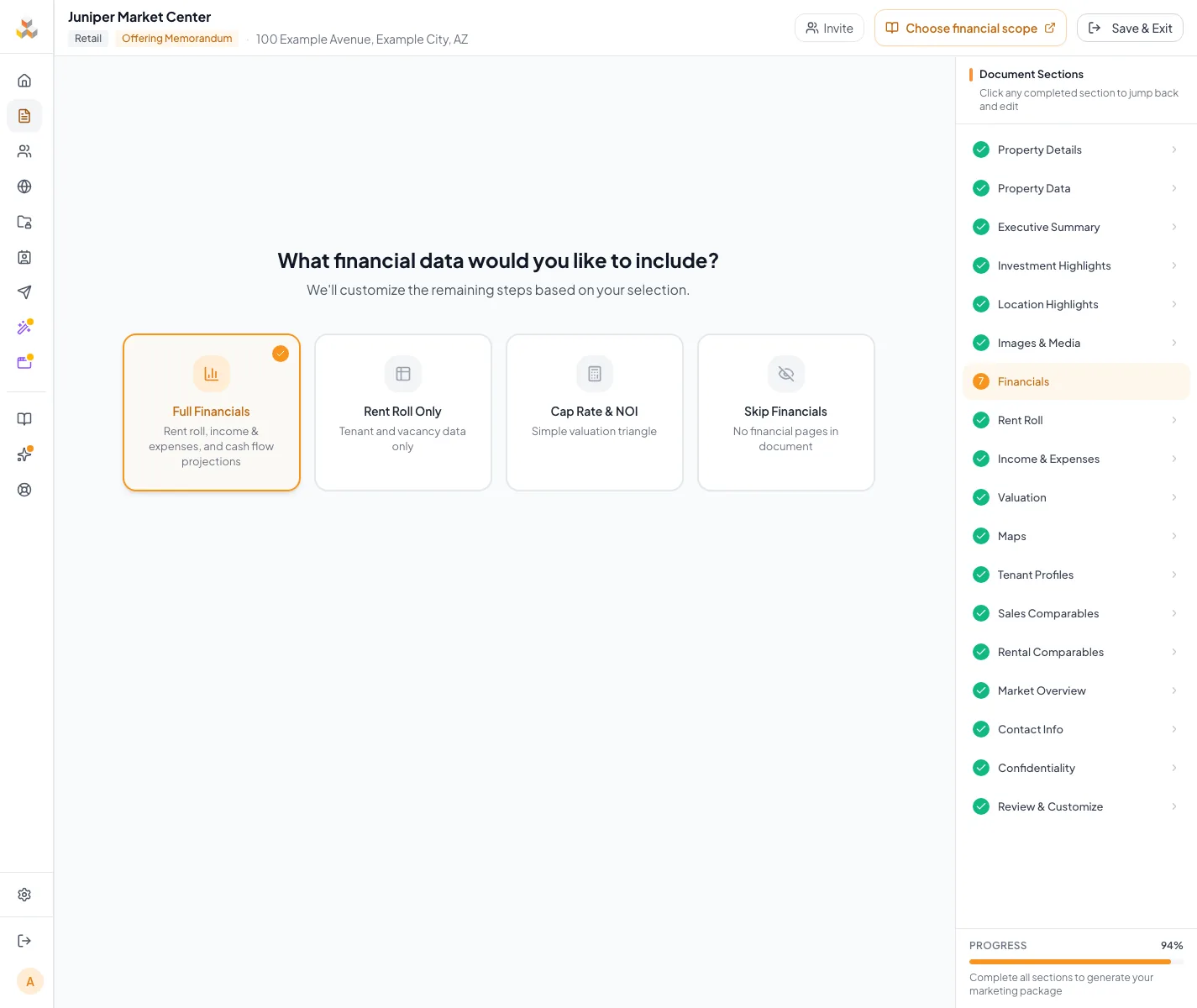 Demonstrate changing financial mode and the resulting wizard-step update.