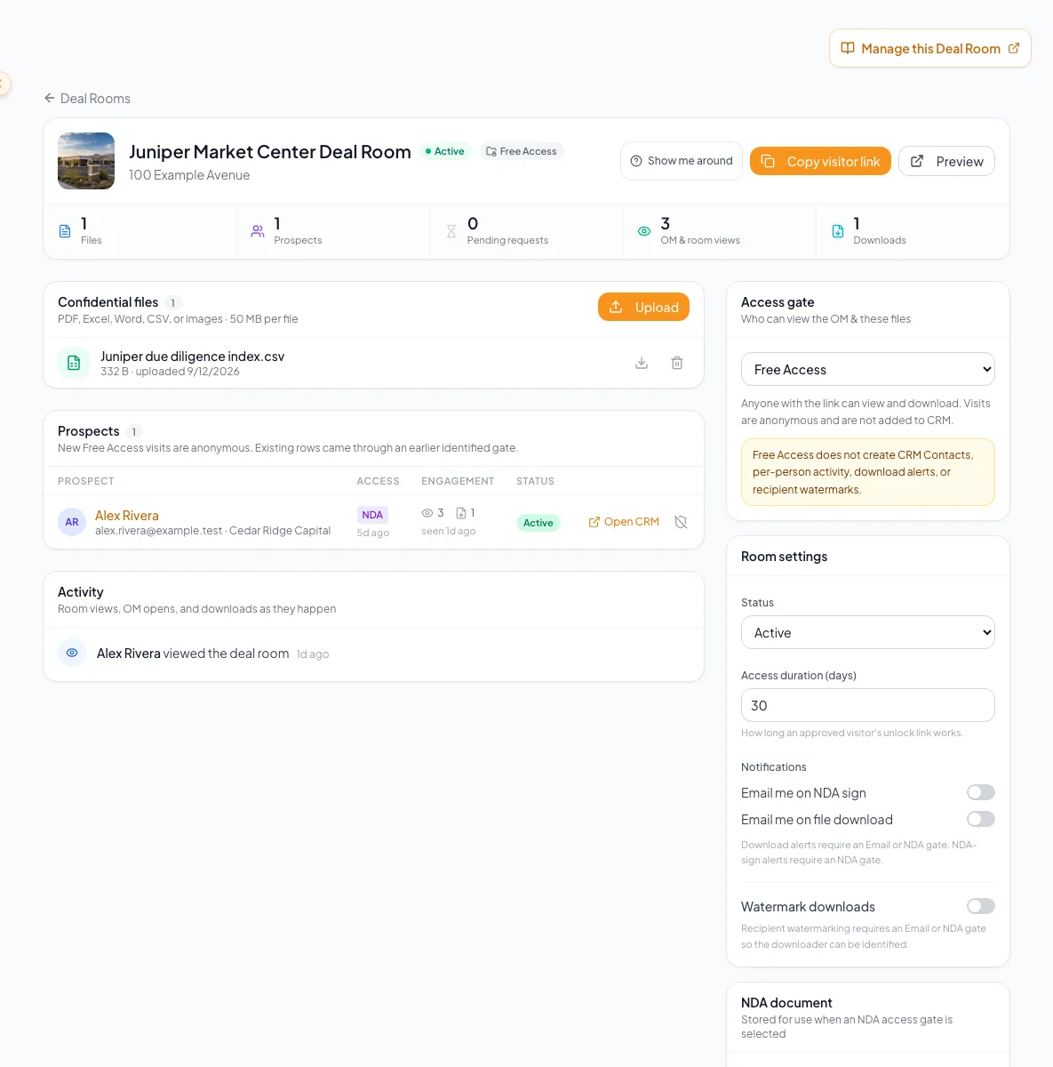 Show the Deal Room access choice before files or prospects are exposed.