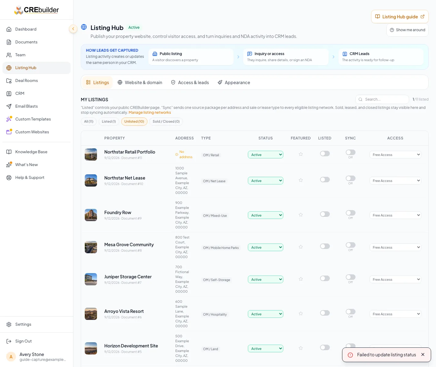 Show a publication, domain, access, or Deal Room error in its real product context.