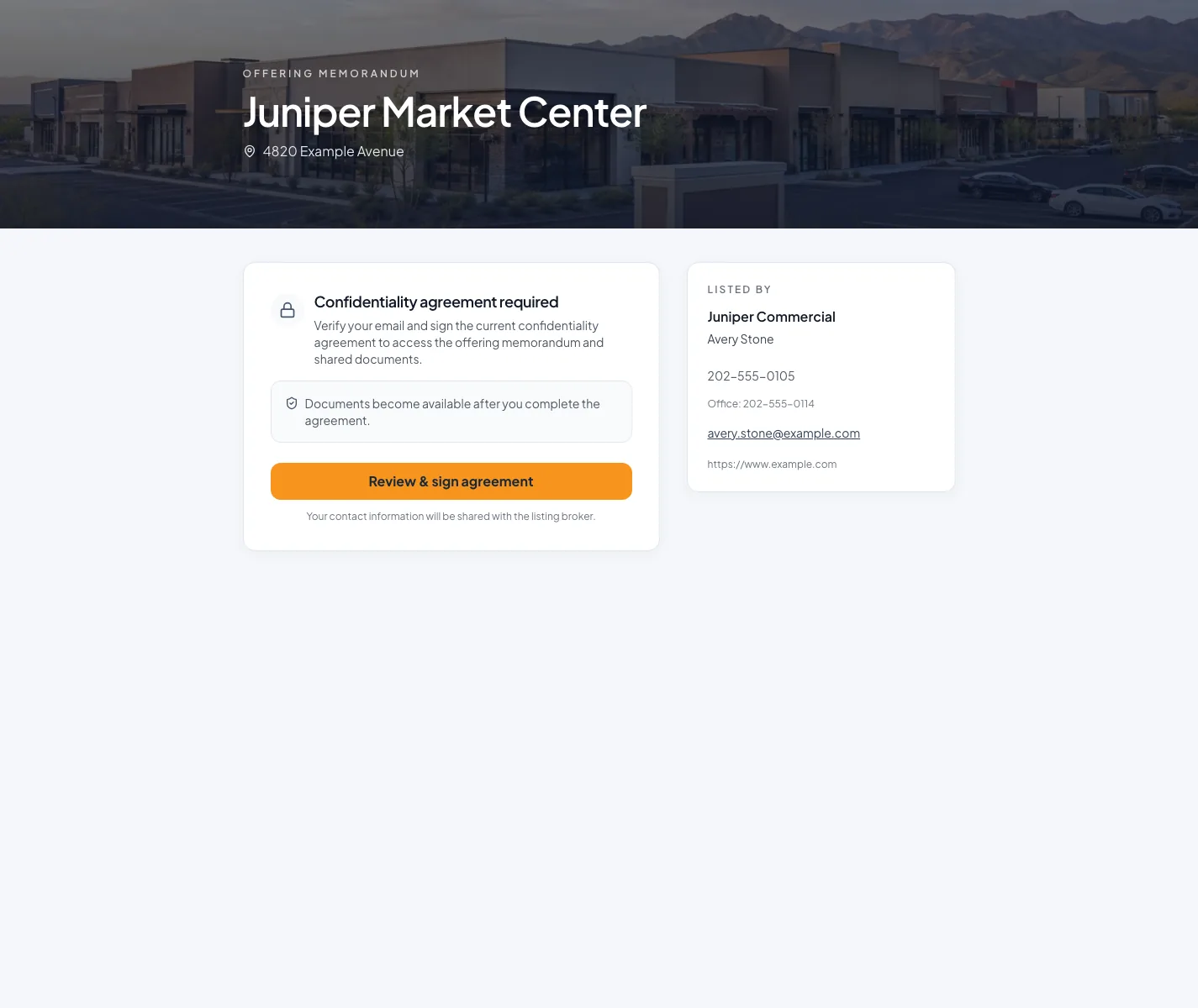 Public Juniper Market Center property page with photos, price and the document access step.