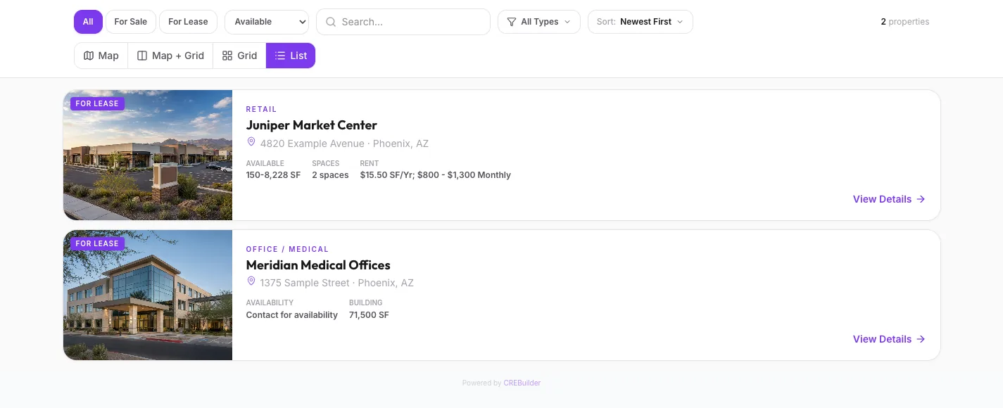 Compare the available suite range, space count and rent units. Contact the broker when suite availability is missing; building area stays separately labeled.