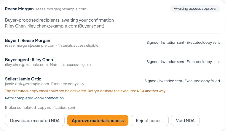 Once everyone signs and the executed PDF is ready, review it and approve file access for the buyer side.
