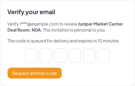 Each signer verifies their own email with a six-digit code before the agreement opens.