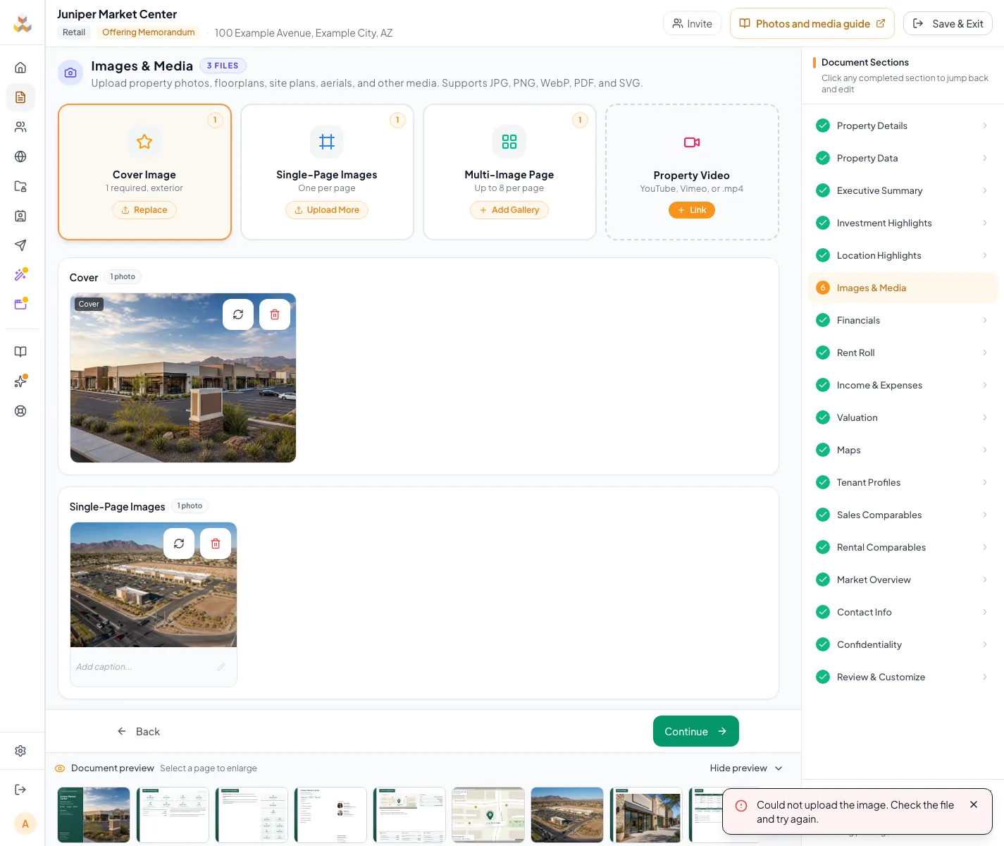 Show an upload or map insertion failure with actionable context.