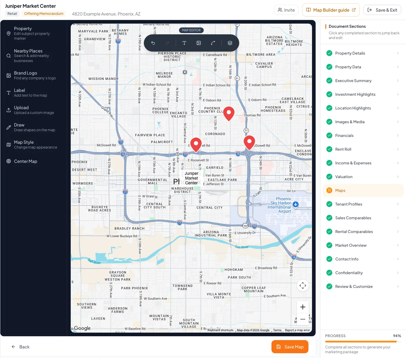 A finished retail map shows nearby brand logos around the subject property.