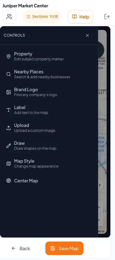 Show the full Map tools drawer above the canvas on a narrow editing workspace.