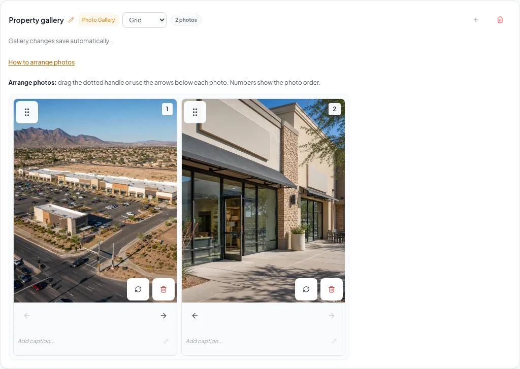 Demonstrate the visible drag handle in Grid, switching to Masonry, and moving a photo with an arrow button.